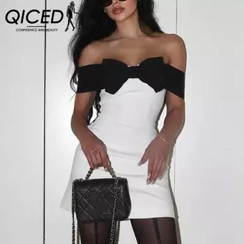 QICED женское сексуальное платье для пожилых женщин с запахом на груди и юбкой с бантом на плечах S