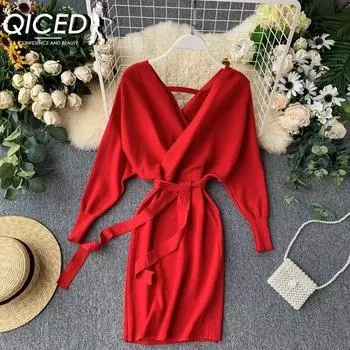 QICED женское сексуальное утягивающее трикотажное платье с длинными рукавами и v-образным вырезом на шнуровке и запахом на ягодицах One size