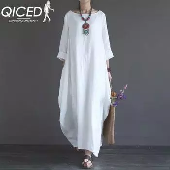 QICED женское свободное длинное платье большого размера из хлопка и конопли, женское осенне-зимнее платье