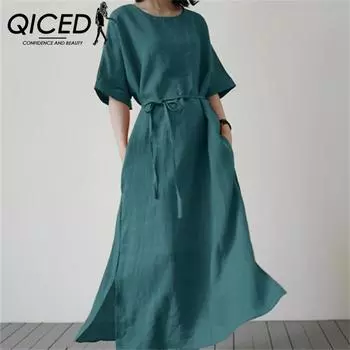 QICED Женское свободное платье большого размера из хлопка и конопли с короткими рукавами и поясом с разрезом S жёлтый