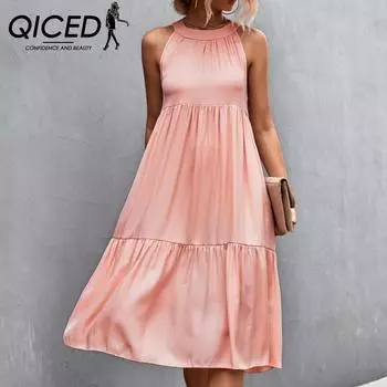 QICED Женское свободное повседневное платье без рукавов на весну и лето в стиле пэчворк с подвесным воротником S розовый