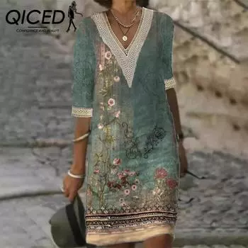 Женское платье QICED Trend Positioning с принтом, V-образным вырезом и пятью рукавами S