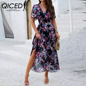 QICED Женское весенне-летнее платье с короткими рукавами и принтом на талии S