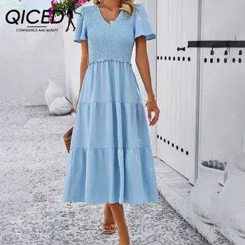 QICED Женское весенне-летнее повседневное однотонное платье с v-образным вырезом и короткими рукавами S чёрный