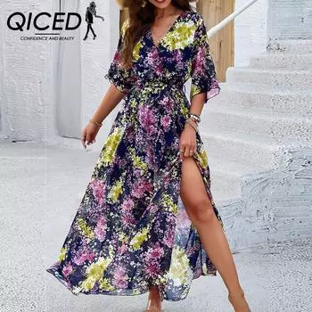 QICED Женское весенне-летнее темпераментное элегантное платье с принтом на талии S белый