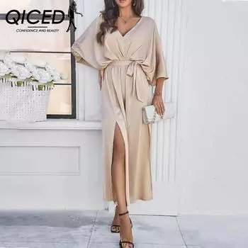 QICED Женское весенне-летнее темпераментное элегантное свободное платье с v-образным вырезом S зелёный