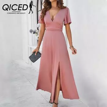 QICED Женское весенне-летнее тонкое платье с v-образным вырезом чистого цвета S розовый