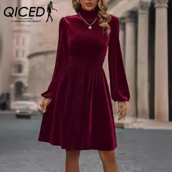 QICED Женское весенне-осеннее модное платье темпераментного кроя с воротником-стойкой и длинными рукавами из однотонного бархата S чёрный