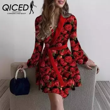 QICED Женское весенне-осеннее платье с цветочным принтом и лацканами, длинными рукавами и шнуровкой на талии