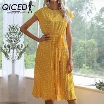 Женское винтажное платье QICED с плиссированной юбкой в горошек и шнуровкой S бордовый