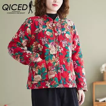 QICED Зимняя хлопково-льняная блузка с воротником на шее и утепленной флисовой подкладкой на хлопковой подкладке в национальном стиле с ветровым принтом M красный