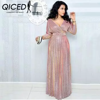 QICED Зимняя женская модная золотистая плиссированная юбка с длинными рукавами и поясом из яркой пудровой ткани S розовый