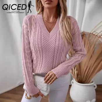 QICED Свитер с V-образным вырезом, женский трикотаж, осень-зима, винтажный витой цветочный свитер для женщин S розовый