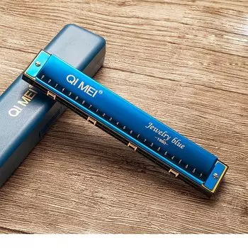 QIMEI Blues Harmonica 10 24 28 отверстий из нержавеющей стали C Tone High Airtight Beginner Advanced Set Case 24 (Драгоценный синий, дырки)