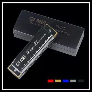 QIMEI Blues Harmonica 10 24 28 отверстий из нержавеющей стали C Tone High Airtight Beginner Advanced Set Case 10 (Металлический черный, дырки)
