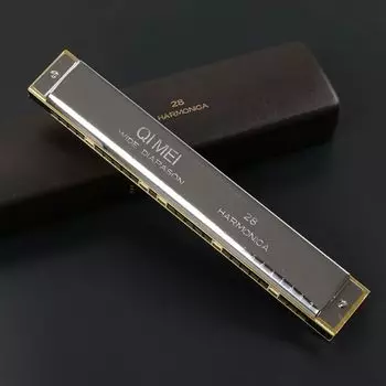 QIMEI Blues Harmonica 10 24 28 отверстий из нержавеющей стали C Tone High Airtight Beginner Advanced Set Case 28 (Серебро, Дырки)