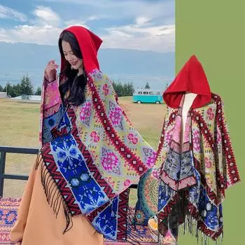 Qinghai Lake Travel Теплый шарф Женская ретро красная накидка шаль с толстой накидкой 130*150CM красный