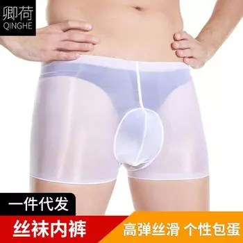 Qinghe мужские масляные чулки трусики вертикальные мешковатые яйца сексуальные прозрачные боксеры увеличенные без пояса высокоэластичные леггинсы waistless oily shorts [vertical egg bag]