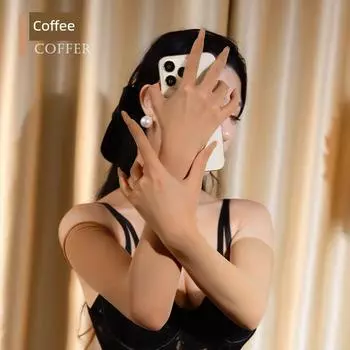 Qinghe Sexy Lycra Seamless Plus size Stockings Gloves Ultra-Thin Black Silk Temptation Open Finger Five Finger Finger Division Hand Punching Gloves Shallow Coffee-Lycra Seamless Gloves One size