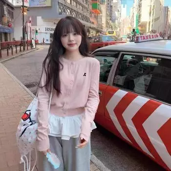 Qingman Lusi Розовый вышитый круглый вырез тонкий вязаный кардиган – Длинные рукава, короткий, открытый живот One Size серый