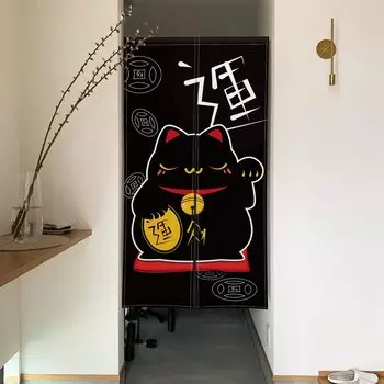 Qinunipoto Lucky Black Simple Ширина 85 x Длина 150 Стильный светлый номер Длинный Сделано из Доступно для воздуха Легко жить Сезоны Норен, Кот, Узор, Удача,