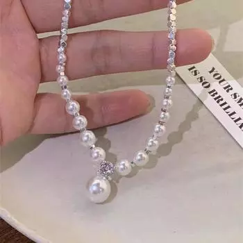 Qiqi French Pearl Broken Silver Splicing Flash Diamond Pendant Temperament Collarbone Chain Niche Sweet Necklace Neck Chain