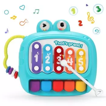 Qizebaby Многофункциональное пианино Динозавр Детская клавиатура Детская музыкальная развивающая игра для пальцев Слух Цвет Монтессори Популярность День рождения Рождество 1-й синий