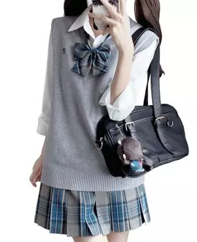 QOOLY High School Uniform Knit Pleated Checkered Bowknot School for High School JK Graduation School Cultural Entrance Authentic Size L Set, Vest, серый