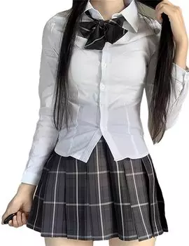 QOOLY High School Uniform Sailor Checkered and Perfect for or Cosplay Long Sleeve 3-Piece Set, Suit, Skirt, Tie, Graduation, Halloween, (DarkGrey - -