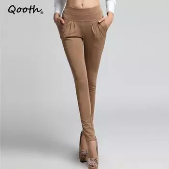 Qooth 2022, весна-лето, женские брюки-шаровары с эластичной резинкой на талии, большие размеры, черные повседневные длинные брюки цвета хаки, DF181 S хаки