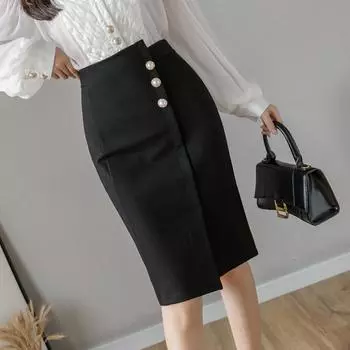 Qooth 2023 Одношаговая юбка-карандаш с боковым разрезом Повседневная облегающая юбка средней длины на пуговицах S чёрный