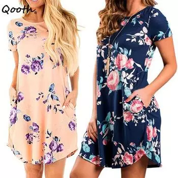 Qooth 2024 Летнее женское платье с цветочным принтом, короткий рукав, круглый вырез, однотонное длинное женское платье с принтом размера плюс QT2443 S синий