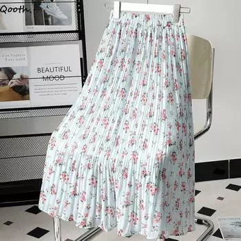 Qooth 2024 Новая модная юбка миди для женщин с цветочным принтом в стиле ретро, пляжная, бохо, высокая талия, длинные плиссированные юбки миди, элегантный шифон QT2430 розовый