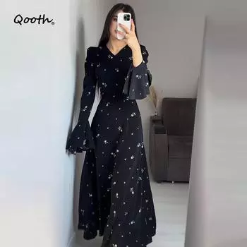 Qooth 2024 Новое модное женское элегантное платье с цветочным принтом, однотонное, приталенное, с рюшами по краям, QT2380 S чёрный