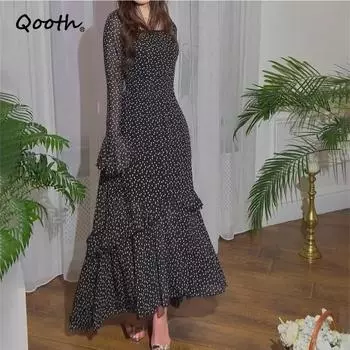 Qooth 2024 весеннее новое шифоновое платье в горошек с листьями лотоса, темпераментное длинное лоскутное платье нестандартной формы QT2382 S чёрный