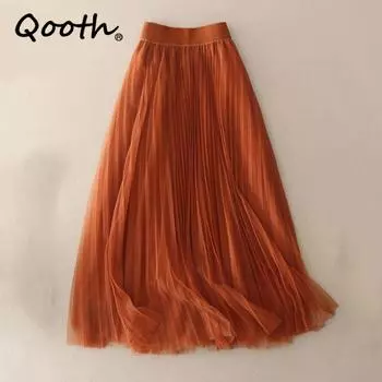 Qooth эластичное 3-слойное бальное платье на талии газовая юбка-пачка элегантная винтажная сетчатая длинная тюлевая юбка на весну и осень QT2117 One Size чёрный