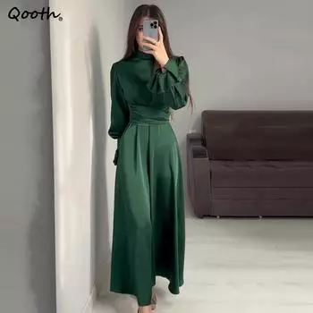 Qooth элегантное бандажное платье макси с рюшами для женщин, тонкое однотонное винтажное вечернее платье на шнуровке, женское длинное платье S зелёный