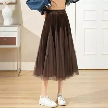 Qooth Autumn Winter Gold Velvet Splicing Mesh A-line Midi Skirt High Waist Slimming Large Swing Tulle Skirt QT2494 One Size чёрный