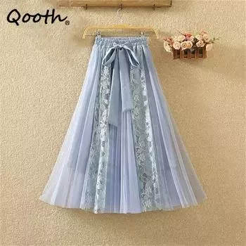 Qooth Bow Tie Lace Printed Spring Summer Vintage Tulle Skirt Fashion Elastic Waist All Match Midi Mesh Skirt For All Season QT2342