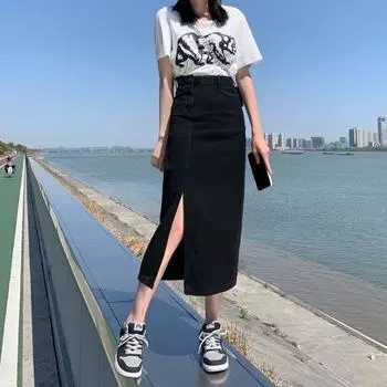 Qooth Casual Women Black Denim Skirt Side Slits Asymmetrical Bodycon Mid Length Slim Simple Skirt QT2652 S