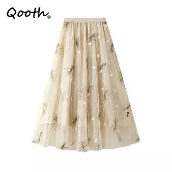 Qooth Длинная женская эластичная фатиновая юбка трапециевидной формы с высокой талией и эластичной резинкой на талии миди, фатиновая юбка с вышивкой стрекозы для женской одежды QT2366 бежевый