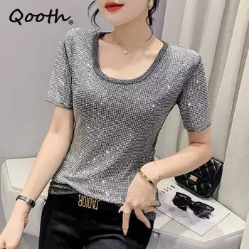 Qooth Для женщин S-3XL размер круглый вырез со стразами блестящая базовая рубашка темперамент модные тонкие пуловеры с короткими рукавами Топ QT2107 S серый