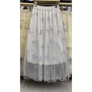 Qooth Elegant Women A-line Flash Butterfly Tulle Skirt Wide Hem Mid Length Elastic Waist Skirt QT2635 One Size белый