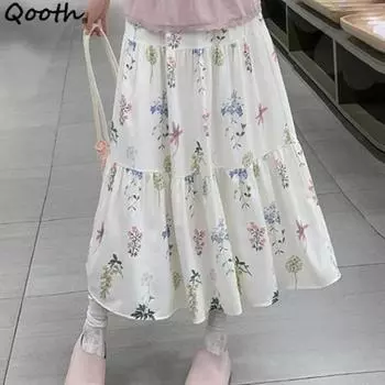 Qooth Elegant Women A-line Floral Ruffle Skirt Wide Hem Mid Length Casual Sweet Skirt QT2622 S белый