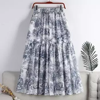 Qooth Elegant Women A-line Ink Painting Print Chiffon Skirt Mid Length Elastic Waist Skirt QT2653 One Size синий