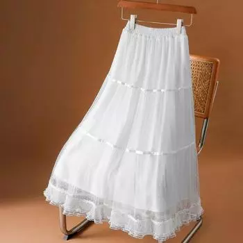 Qooth Elegant Women A Line Lace Ruffle Skirt Wide Hem Mid Length Elastic Waist Casual Skirt QT2663 One Size