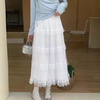 Qooth Elegant Women A Line Lace Tulle Ruffle Skirt Wide Hem Mid Length Elastic Waist Casual QT2662 One Size