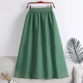 Qooth Elegant Women A-line Organza Tulle Skirt Wide Hem Mid Length Elastic Waist Casual Skirt QT2640 One Size зелёный