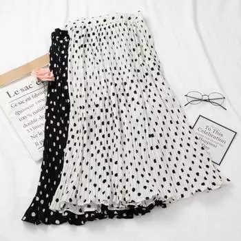 Qooth Elegant Women A Line Polka Dots Pleated Skirt Wide Hem Mid Length Elastic Waist Casual Skirt QT2661 One Size