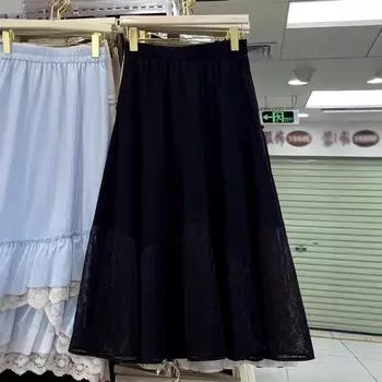 Qooth Elegant Women A Line Splice Lace Skirt Wide Hem Mid Length Elastic Waist Slim Skirt QT2645 One Size чёрный
